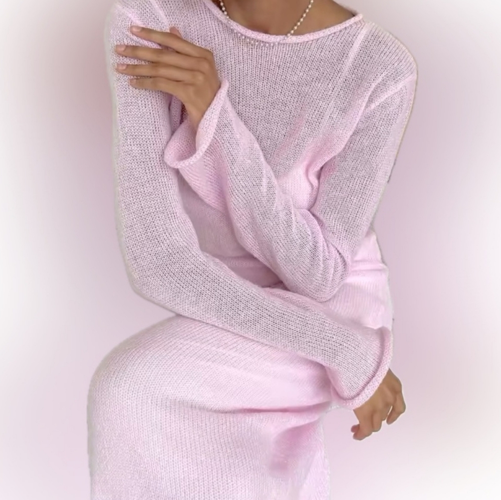 Pink Soft Long Flare Sleeve Knit Maxi Dress - Picture 2 of 6